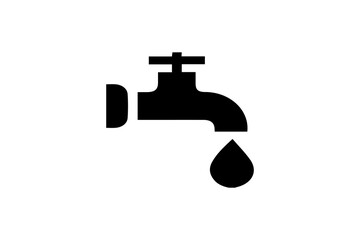 The image is a black and white vector icon showing a water faucet with a droplet falling from its spout.