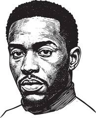 Detailed black and white illustration of a serious looking afric
