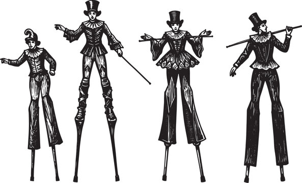 Black and white illustration of people on stilts performing a sh