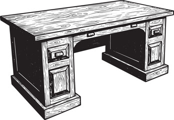 Hand-drawn illustration of a vintage wooden desk in black and wh