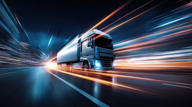 A futuristic truck speeds through a tunnel, leaving dynamic light trails that emphasize motion and advanced technology in transportation.