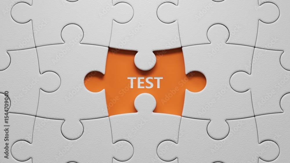 Poster test.3d illustration of the white puzzle pieces with missing pieces.close up of the white puzzle pie