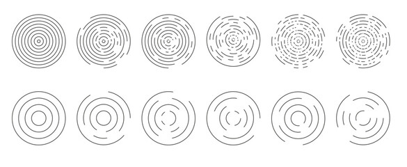 Circular ripple icons. Concentric circles isolated. Vortex, sonar wave, soundwave, sunburst, signal signs. Concentric ripple lines forming circular wave pattern PNG