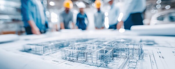 A team of professionals in helmets reviews architectural blueprints and a 3D building model on a table in a bright, modern office.