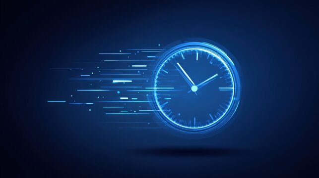 Futuristic blue clock with dynamic speed lines symbolizes fast time and rapid progress on a dark background.