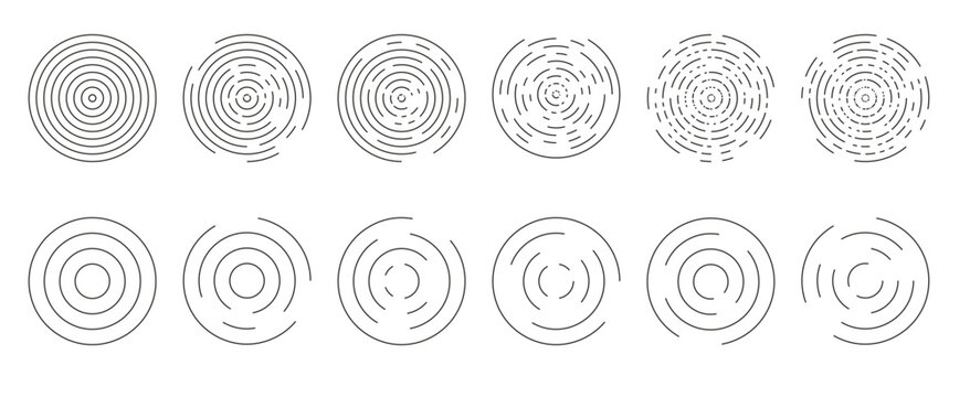 Circular ripple icons. Concentric circles isolated. Vortex, sonar wave, soundwave, sunburst, signal signs. Concentric ripple lines forming circular wave pattern PNG