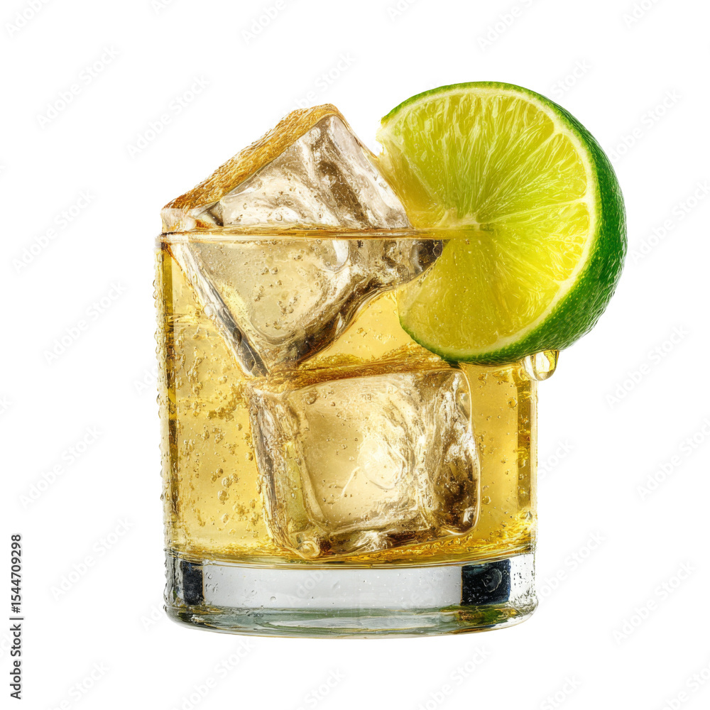 Poster refreshing cocktail with ice and lime slice