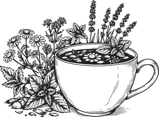 Elegant hand-drawn illustration of herbal tea with flowers and p