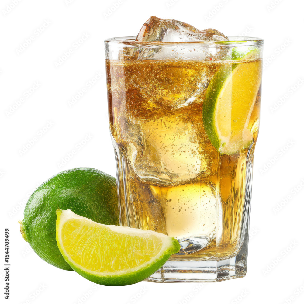 Poster refreshing drink with ice and lime slices, served in glass. perfect for summer or parties. enjoy zes