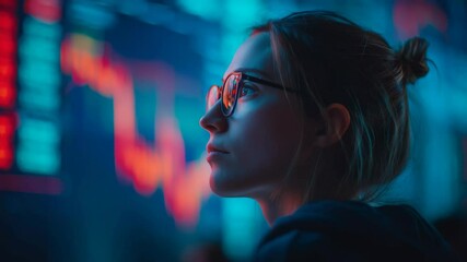 Young woman analyzing stock market data on a digital screen closely - Powered by Adobe