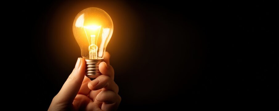 A hand holds a glowing incandescent light bulb against a dark background, symbolizing ideas and innovation.