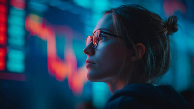 Young woman analyzing stock market data on a digital screen closely - Powered by Adobe