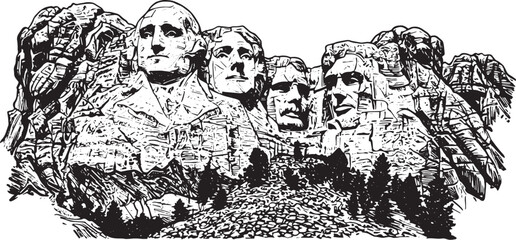 Fototapeta premium Black and white illustration of Mount Rushmore in South Dakota a