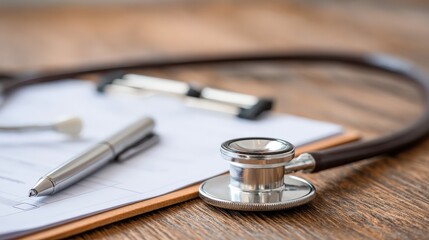 A stethoscope and pen rest on a clipboard with medical papers, symbolizing healthcare, diagnosis, and patient care.