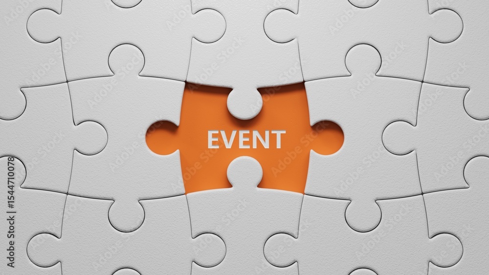 Aufkleber the word event is written on the white puzzle pieces with missing pieces. medical concept.close up o