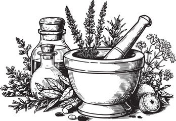 Illustration of a mortar and pestle with herbs, medicine bottles