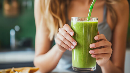Woman drinking smoothie in bright kitchen Close-up