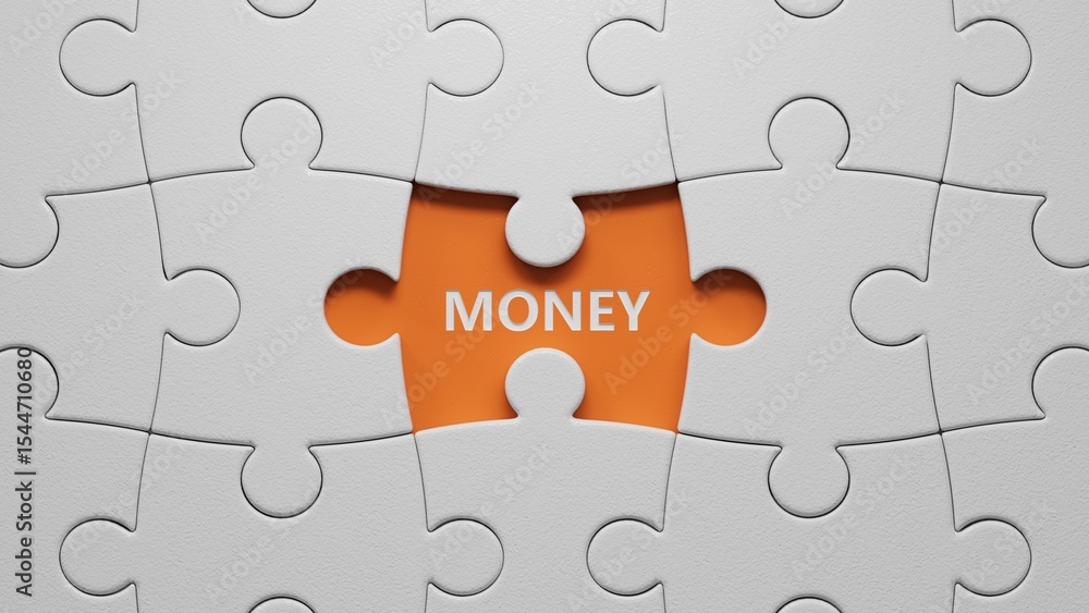 Poster money. spelling.flat lay view from above on orange background with buttons