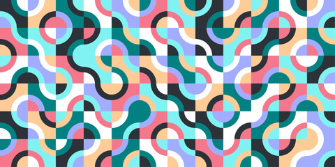 Seamless retro geometric pattern with curved lines and circles