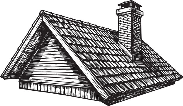 Detailed black and white illustration of a house roof and chimne