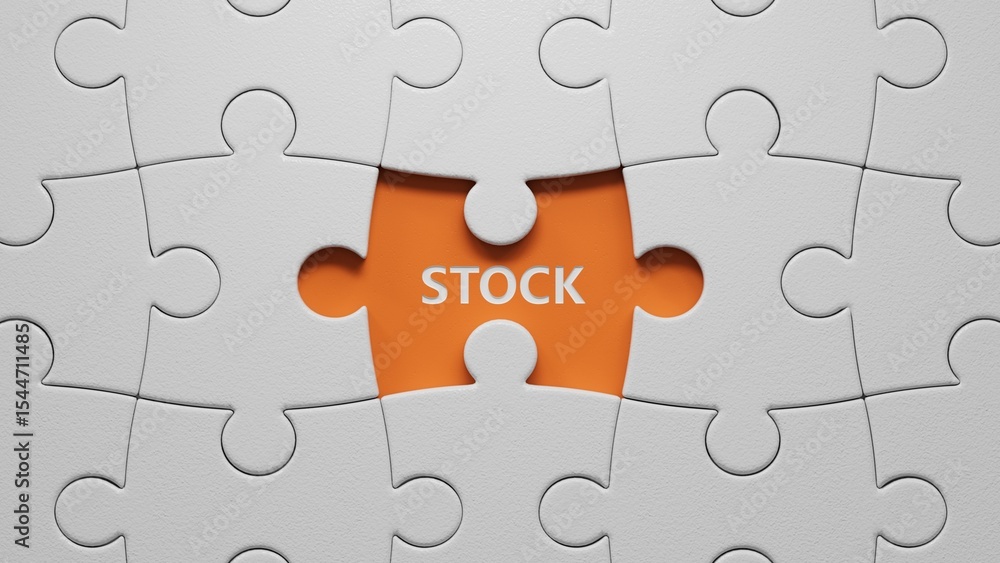 Poster the white puzzle pieces with missing pieces with stock business word.close up of the white puzzle pi