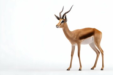 A gazelle dances on air, sleek and graceful against a dazzling white stage.