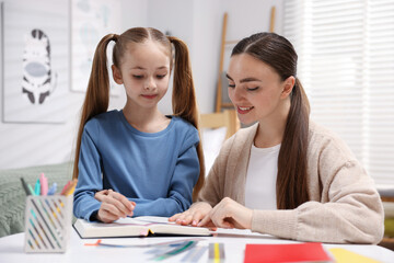 Dyslexia. Mother and her daughter reading book at table indoors