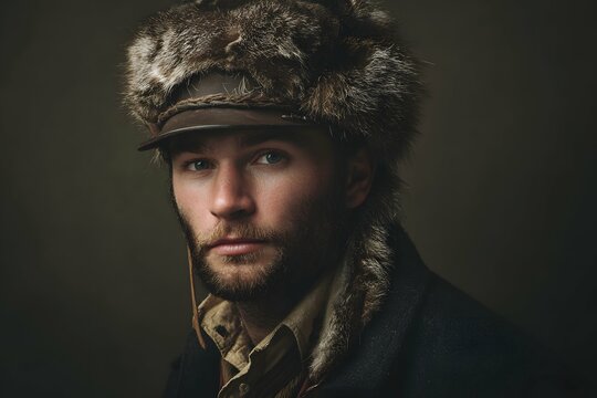 Man in frontier clothing wearing a textured coonskin cap in a studio setting.