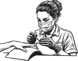 Illustration of a masked nail technician applying nail polish to
