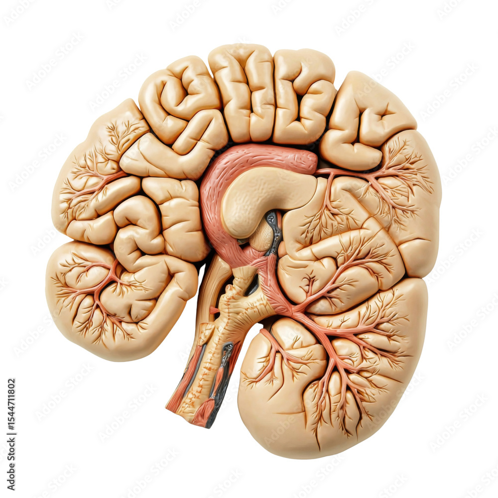 Poster anatomical illustration of human brain with detailed structures, showcasing intricate folds and vasc
