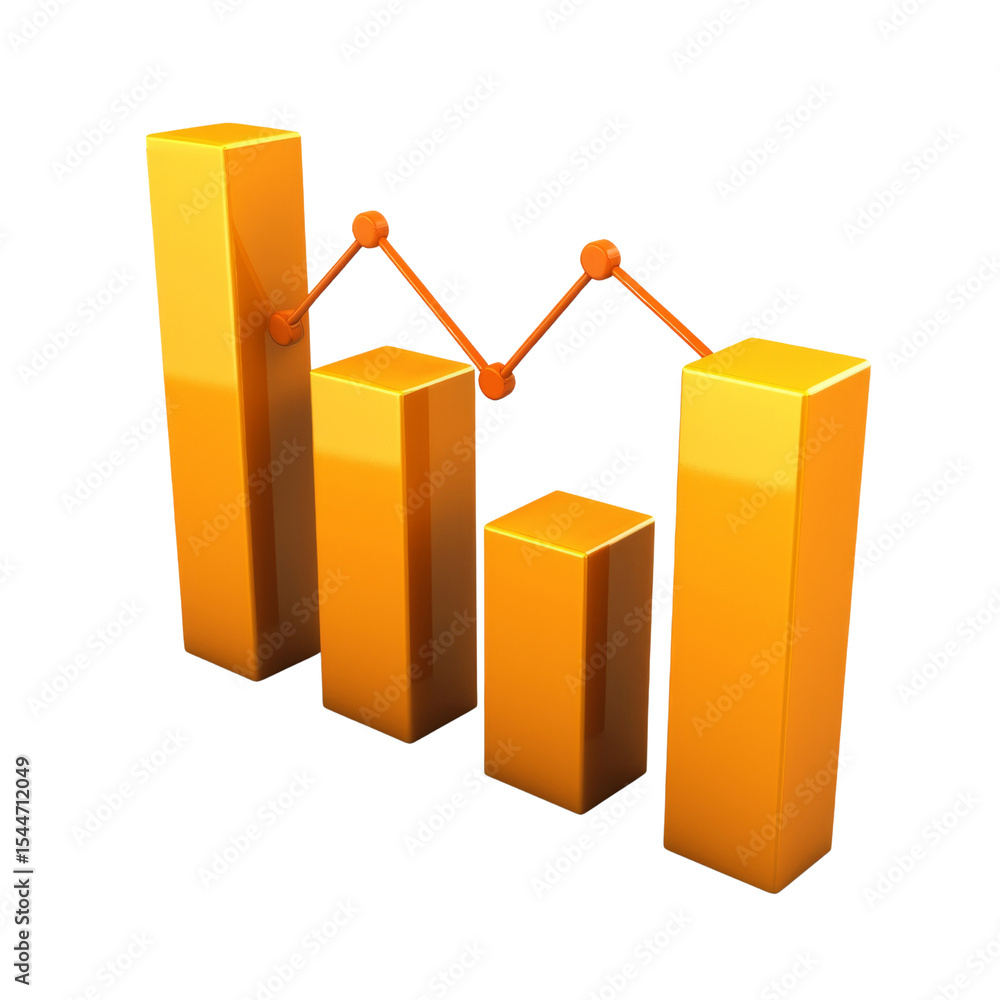 Poster 3d orange bar graph with line chart overlay, representing data trends and analysis