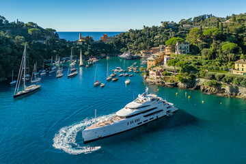 Aerial view of the picturesque resort town of Portofino in Liguria, Italy.