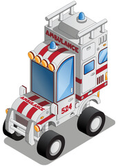 Funny ambulance. Isometric. Isolated on white background. Vector illustration.