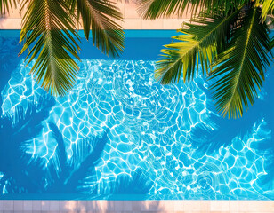 Palm tree leaves casting shadows on a sparkling blue swimming pool