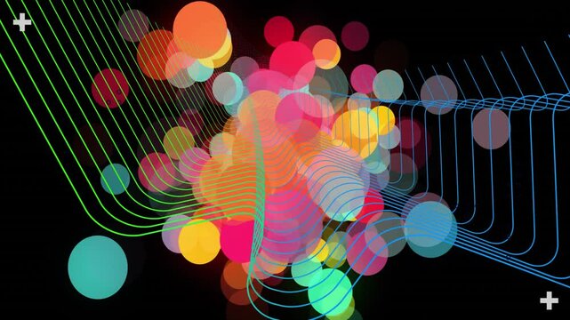 When glowing circle cluster triggers, ribbons rippling and circles growing show abstract depth