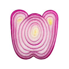 Letter W shaped from a red onion slice. Its natural rings mirror the letter’s curves. Vivid purples and yellows create a playful blend of food art and organic food typography