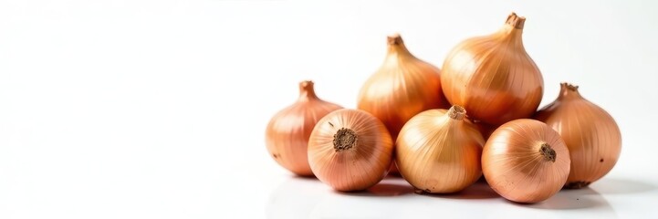 Fototapeta premium Group of brown onions, clean, studio shot, white background, ingredient, closeup, natural