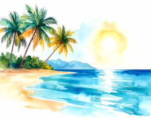 Tropical beach with palm trees and shining sun: watercolor painting of idyllic paradise