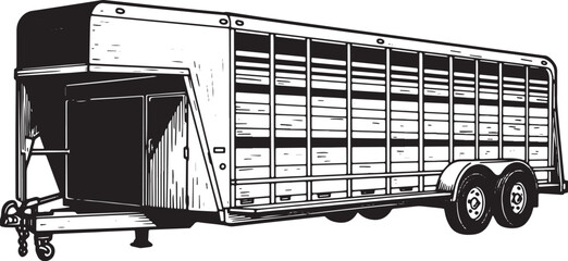 Black and White Illustration of a Livestock Trailer on a White B
