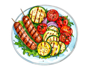 Grilled sausages with vegetables on transparent background: watercolor painting of delicious summer meal