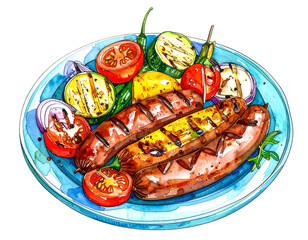 Grilled sausages and vegetables served on blue plate with transparent background