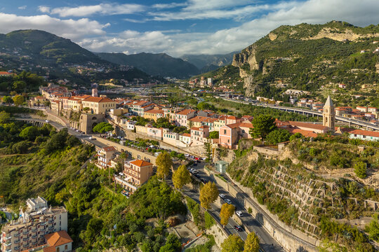 Aerial view of the Ventimiglia resort town, Liguria, northern Italy.