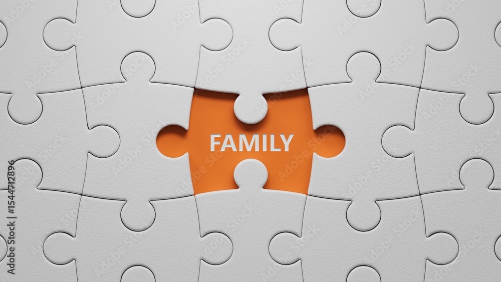Poster family. spelling.flat lay view from above on orange background with buttons