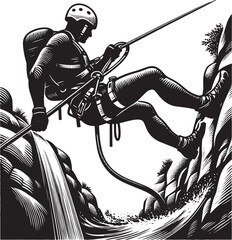 Monochrome woodcut illustration of a canyoneering athlete rappel
