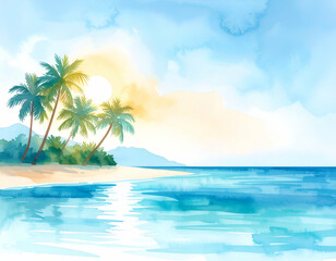 Palm trees rising from a tropical beach at sunset, watercolor painting