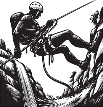 Monochrome woodcut illustration of a canyoneering athlete rappel