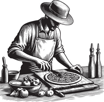 Rustic pizza maker in woodcut style preparing fresh ingredients