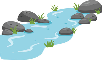 Cartoon Illustration of River with Stones and Grass