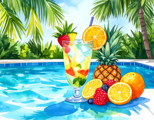Refreshing tropical fruit cocktail by the swimming pool