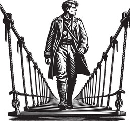 Man traversing precarious suspension bridge in monochrome, symbo